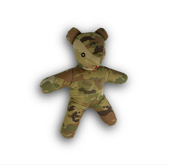 Camouflage teddy bear on a white background