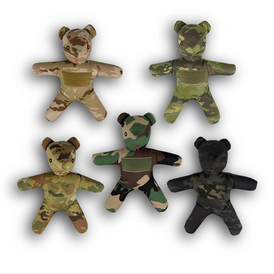 Five camouflage-patterned teddy bears on a white background