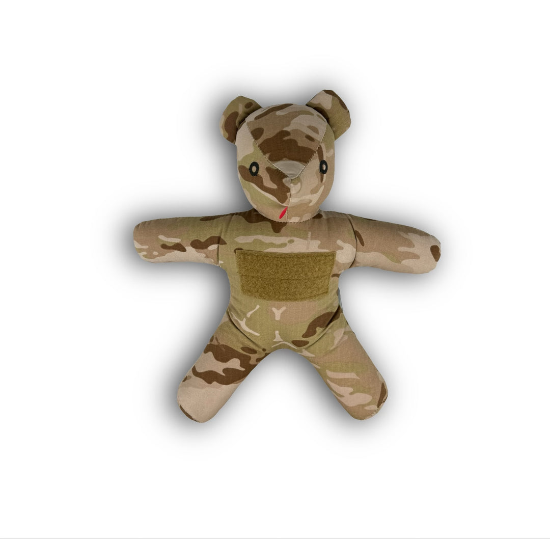 Camouflage teddy bear on a white background