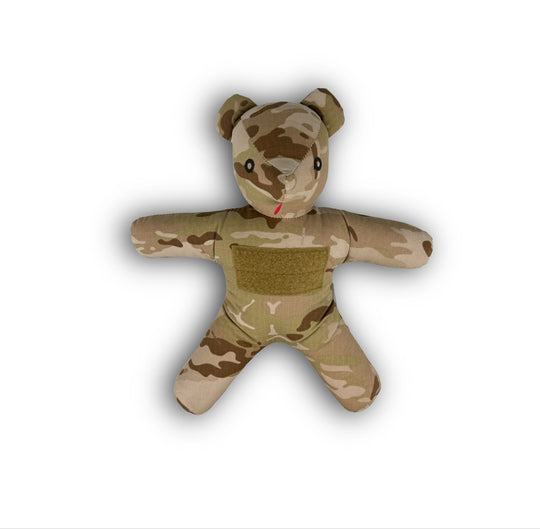 Camouflage teddy bear on a white background