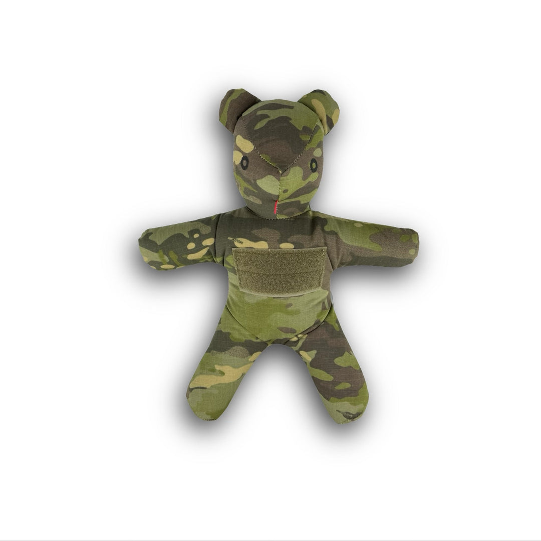 Camouflage-patterned teddy bear on a white background