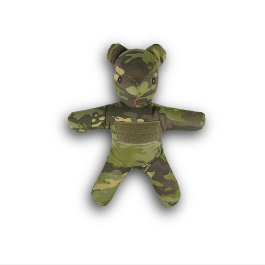 Camouflage-patterned teddy bear on a white background