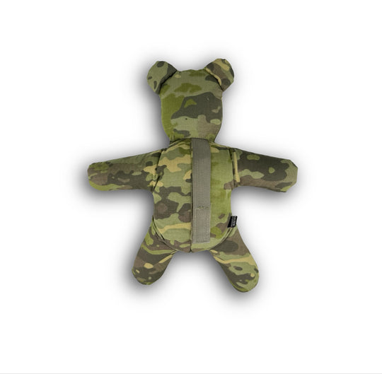 Camouflage-patterned teddy bear on a white background